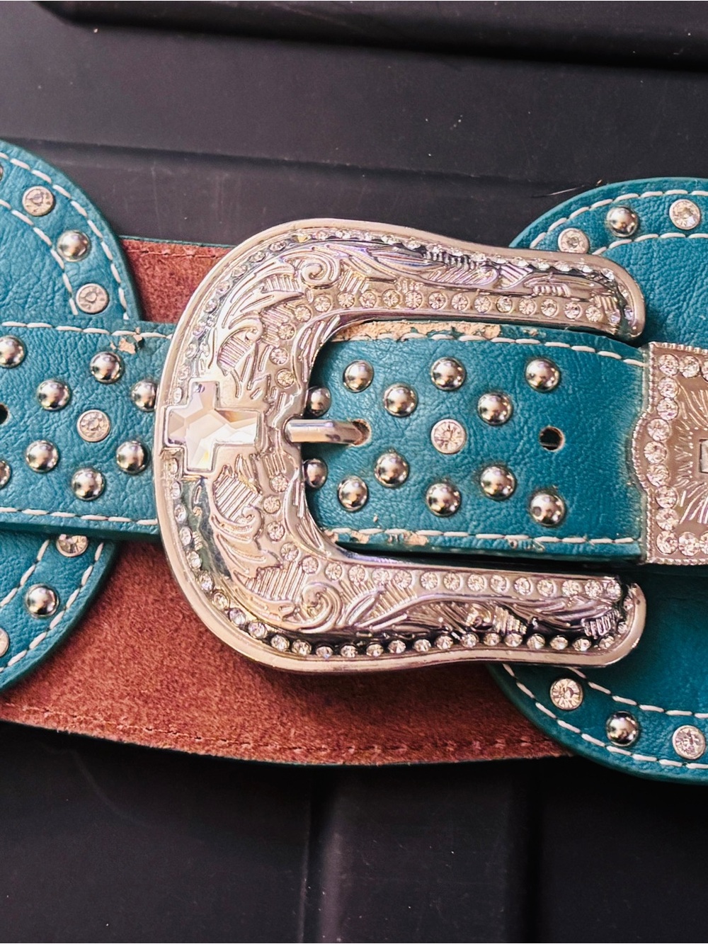 Montana West Teal Western Belt with Ornate Silver Buckle